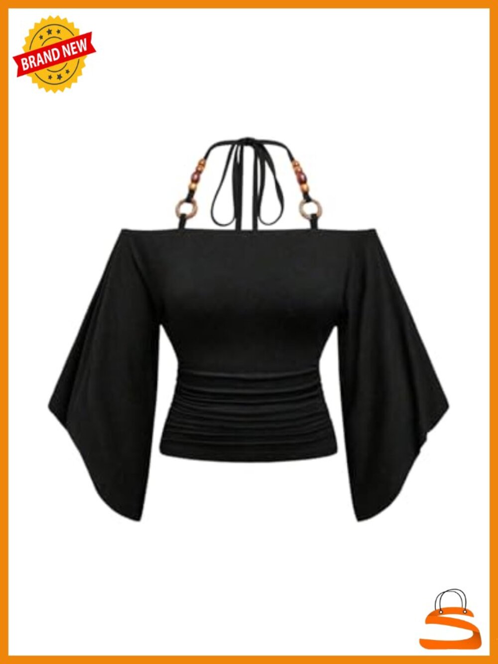 Plus Size Off Shoulder Halter Tie Back Ruched Beaded Slim Fit Summer Tee Top